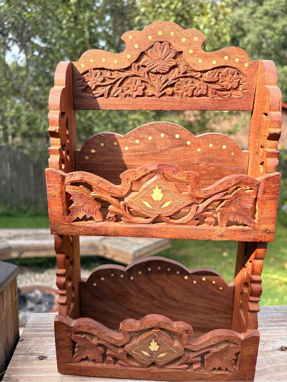 Hand-Carved Wooden Wall Shelf - Brown Rustic Home Wall Decor